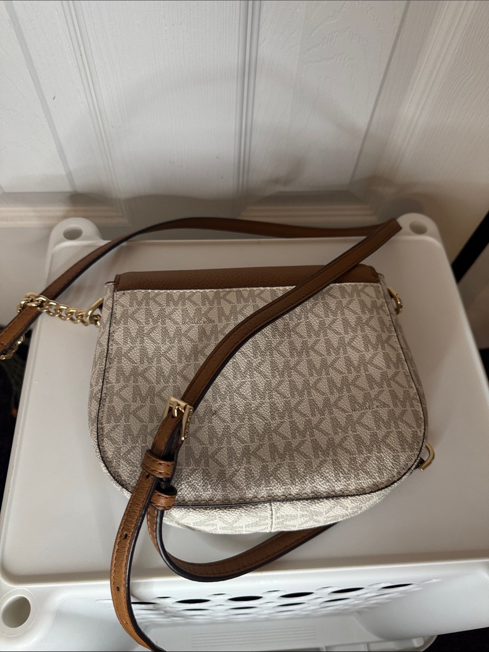 Michael Kors Tan and Beige MK Signature Crossbody Saddle Bag - Picture 6 of 6